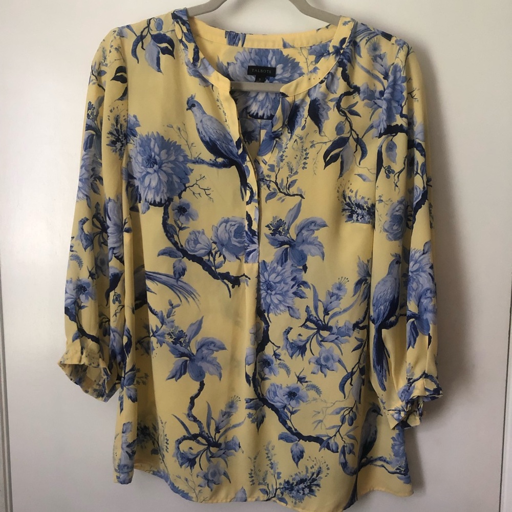 TALBOTS 3/4 Sleeve Blouse /Top Yellow - Blue Size S
